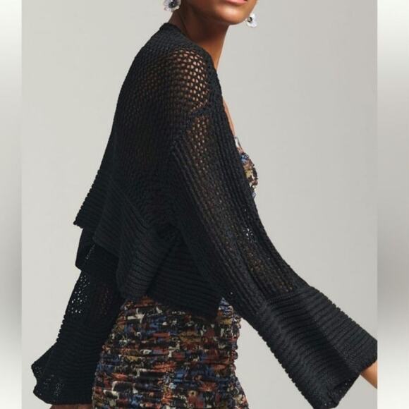 NWT By Anthropologie Julliet Cropped Open Knit Cardigan Sweater Black One Size - Picture 2 of 16